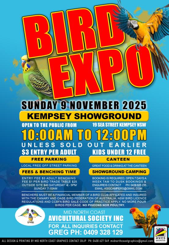 Mid North Coast Avicultural Society Bird Expo Sunday 9 November 2025