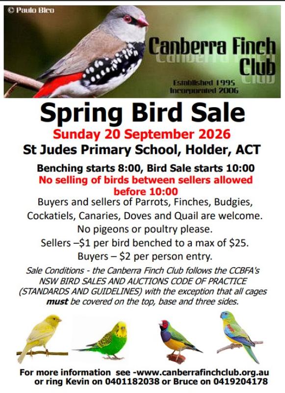 BIRD SALE CANCELLED Canberra Finch Club Spring Bird Sale